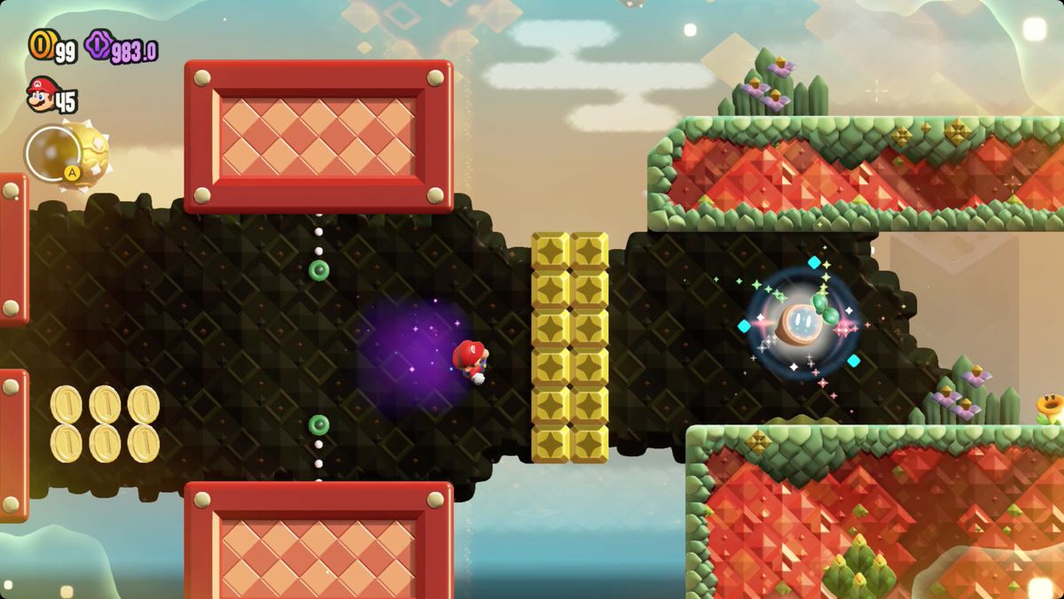 Super Mario Bros. Wonder Shining Falls Special Triple Threat Deluge-skärmdump som visar platsen för ett Wonder Seed.