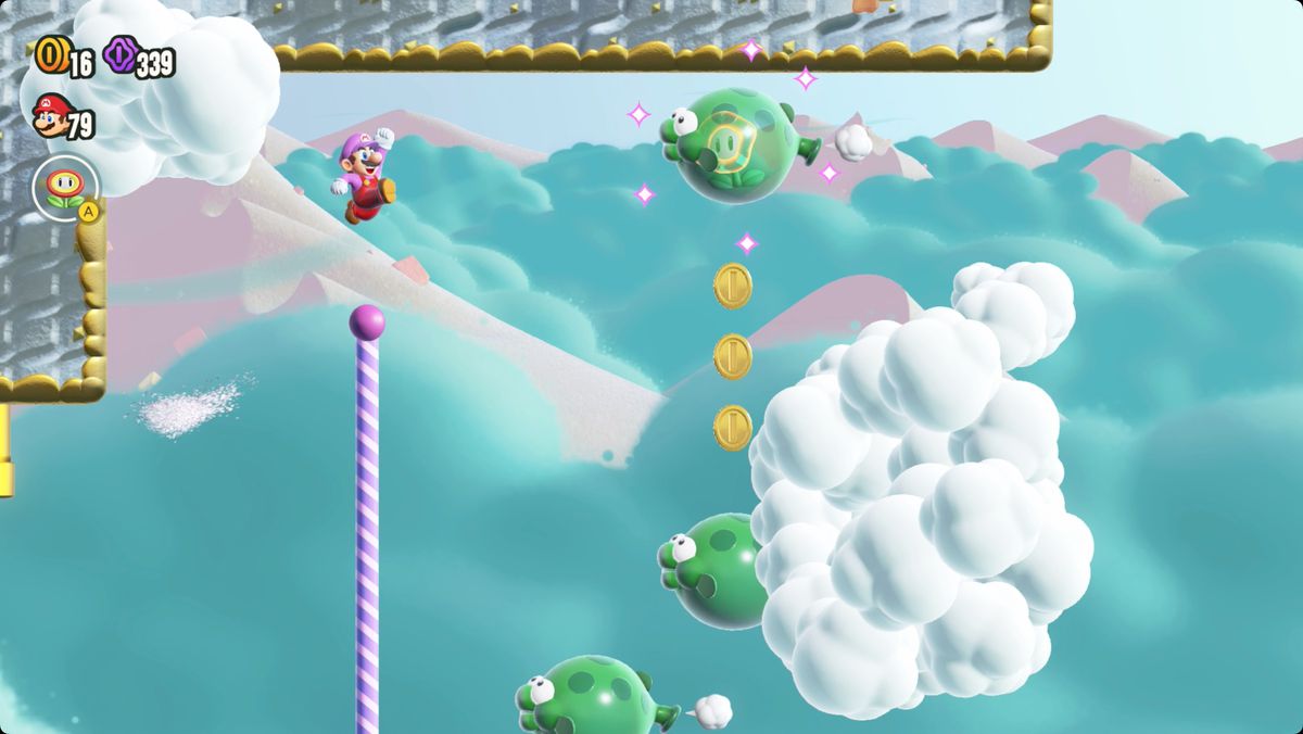 Super Mario Bros. Wonder Sunbaked Desert Special Pole Block Allure-skärmdump som visar Wonder Flower-platsen.