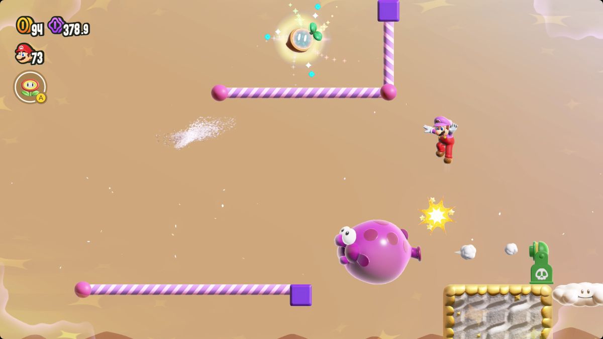 Super Mario Bros. Wonder Sunbaked Desert Special Pole Block Allure-skärmdump som visar platsen för ett Wonder Seed.