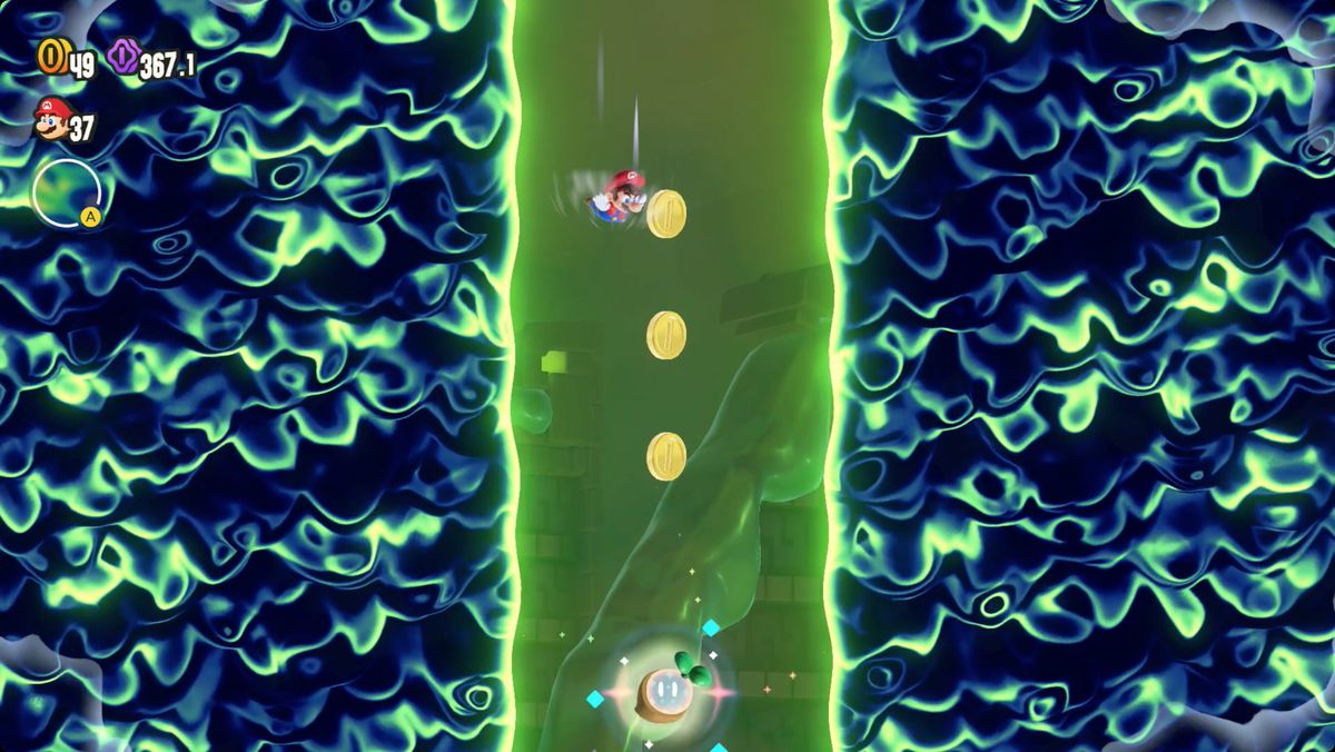 Super Mario Bros. Wonder Fungi Mines Special Dangerous Donut Ride skärmdump som visar platsen för ett Wonder Seed.