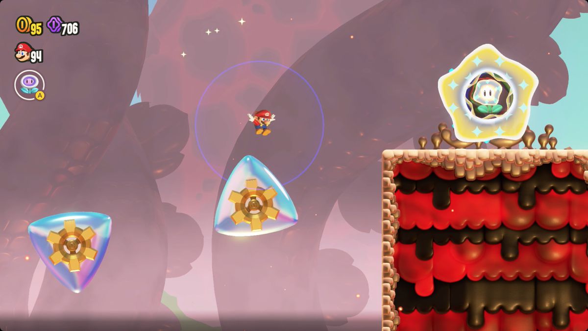 Super Mario Bros. Wonder Deep Magma Bog Special Solar Roller-skärmdump som visar Wonder Flower-platsen.