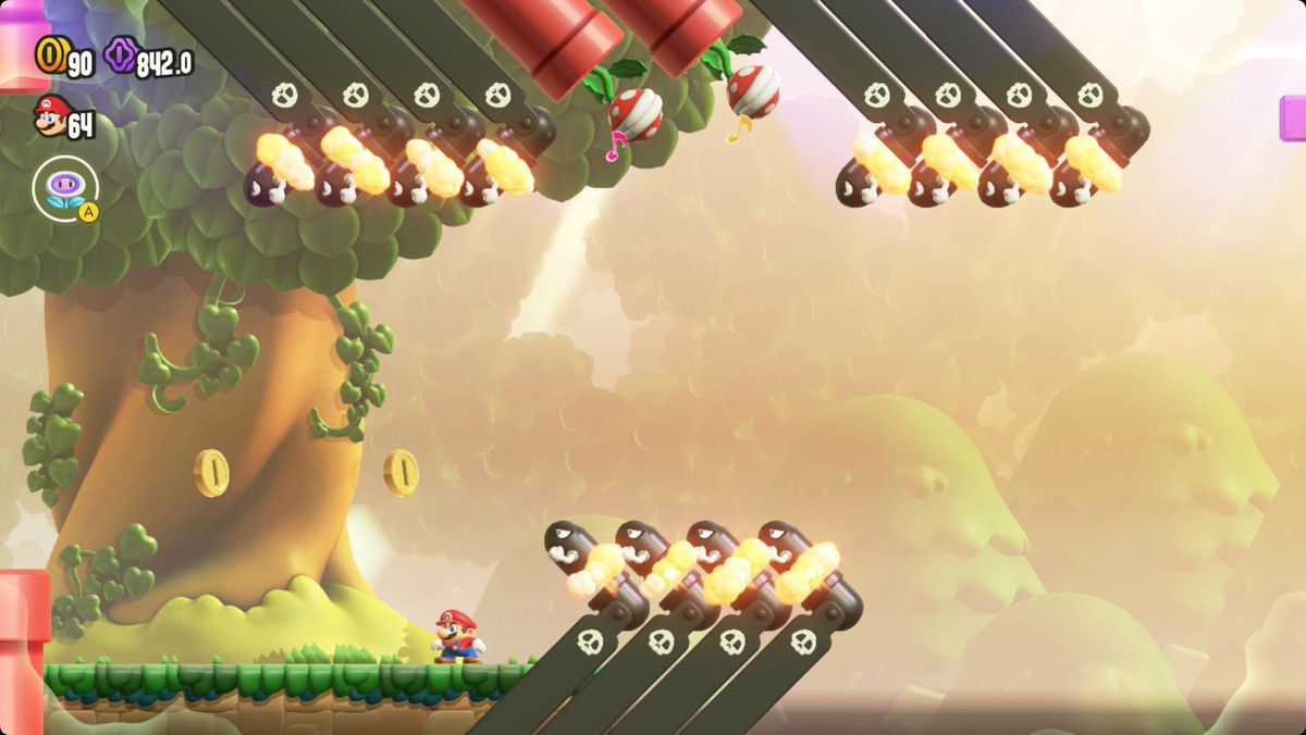 Super Mario Bros. Wonder Semifinaltestet Piranha Plant Reprise-skärmdump som visar vägen till ett Wonder Seed.