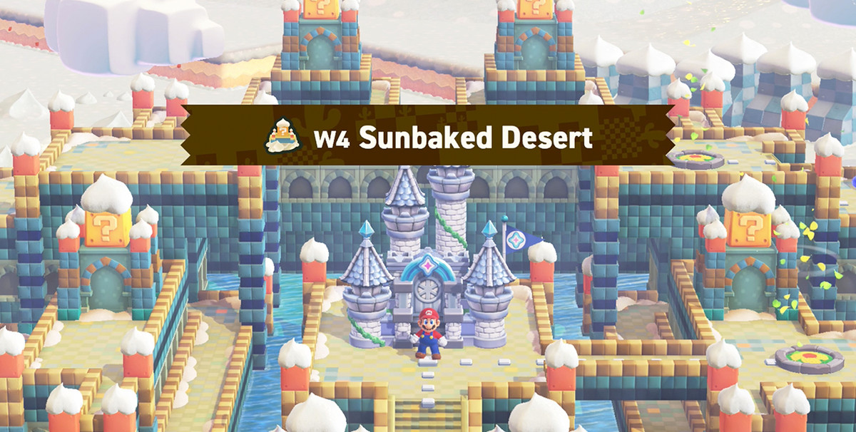 Super Mario Bros. Wonder Sunbaked Desert Mario står vid Sunbaked Desert Palace