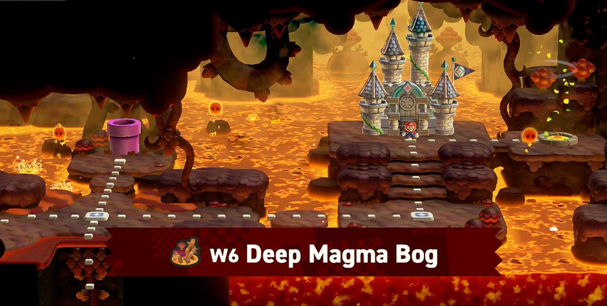 Super Mario Bros. Wonder Mario står vid Deep Magma Bog Palace
