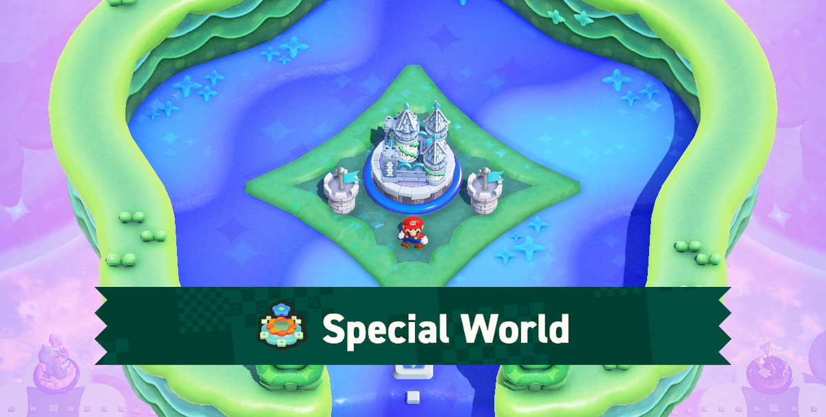 Mario står bredvid Special World och letar efter Wonder Seed-platser i Super Marios Bros Wonder.
