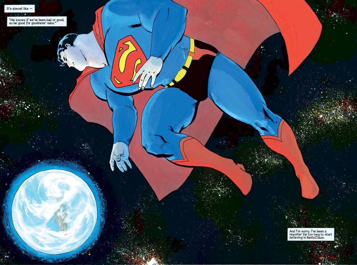 Stålmannen svävar i rymden och tittar på jorden i Superman For All Seasons, DC Comics (1998).