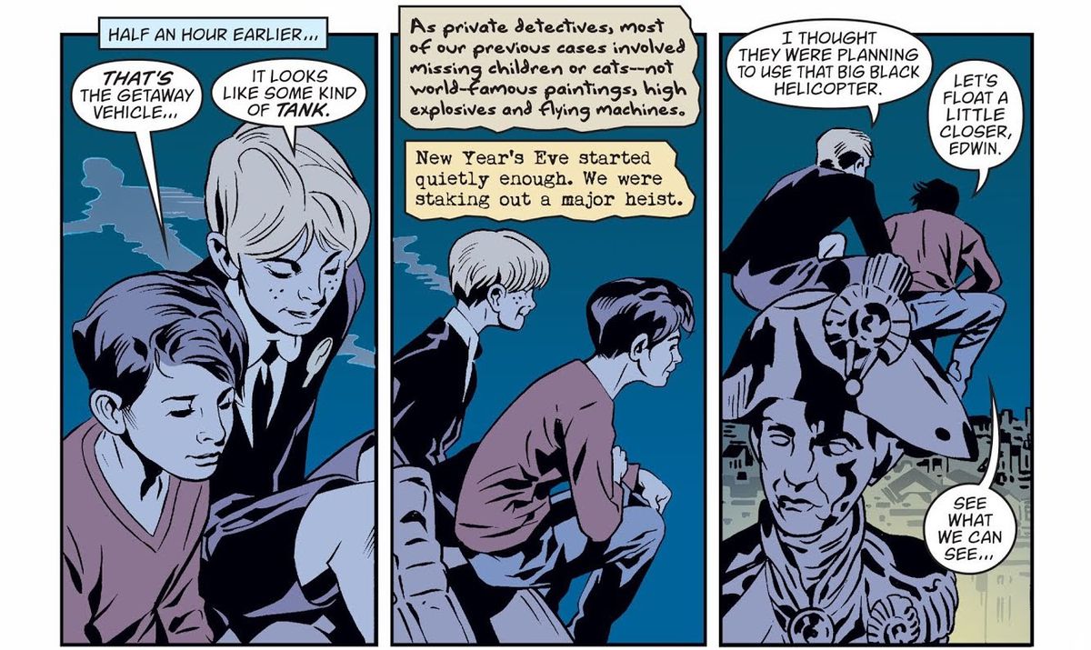 Edwin Paine och Charles Rowland, tonårsspöken, observerar tjuvarna som de försöker stoppa i Dead Boy Detectives #1 (2014).