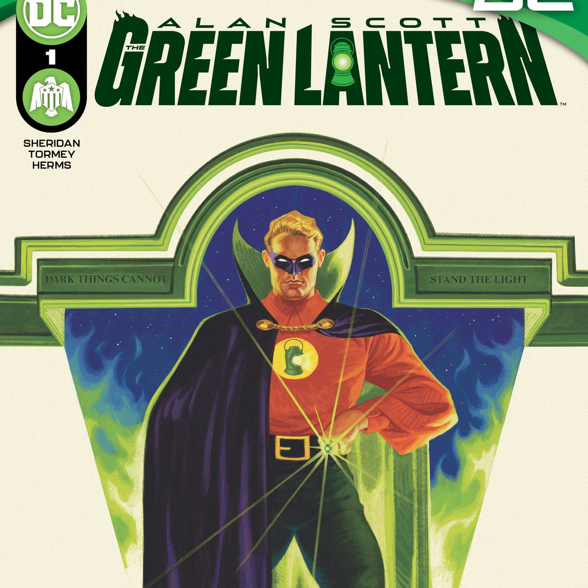 Alan Scott/Green Lantern står i sin kostym med sin långa cape, höga krage och lysande ring, framför en bakgrund av grön låga på omslaget till Alan Scott: The Green Lantern #1. 