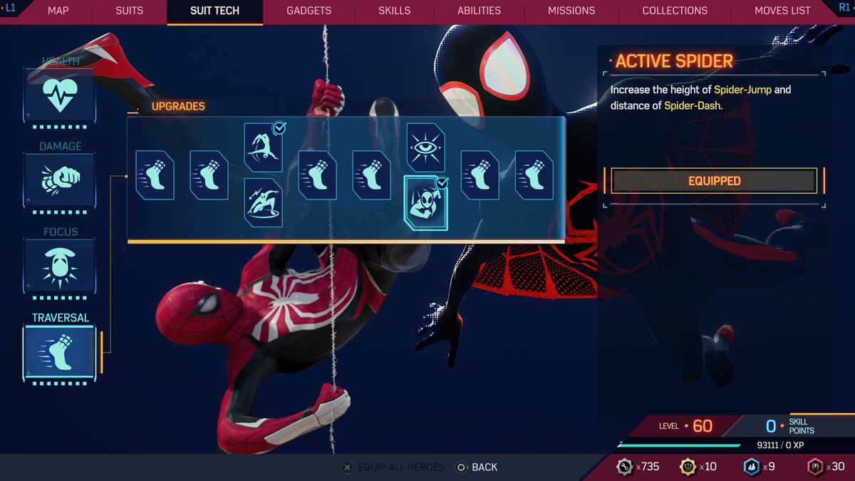 En meny visar färdigheten Active Spider i Spider Man 2 på PS5.