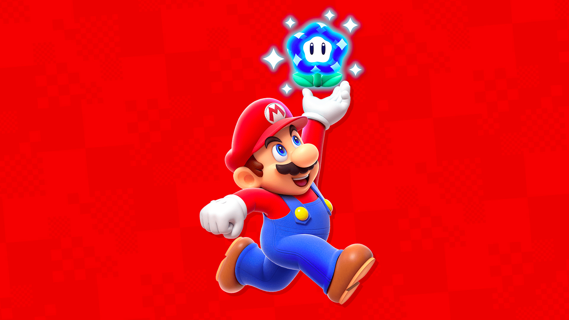 Mario, hoppar och sträcker sig efter en underbar blomma, i konstverk från Super Mario Bros. Wonder