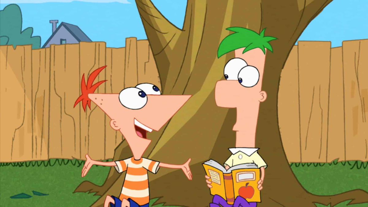phineas and ferb sitting under a tree