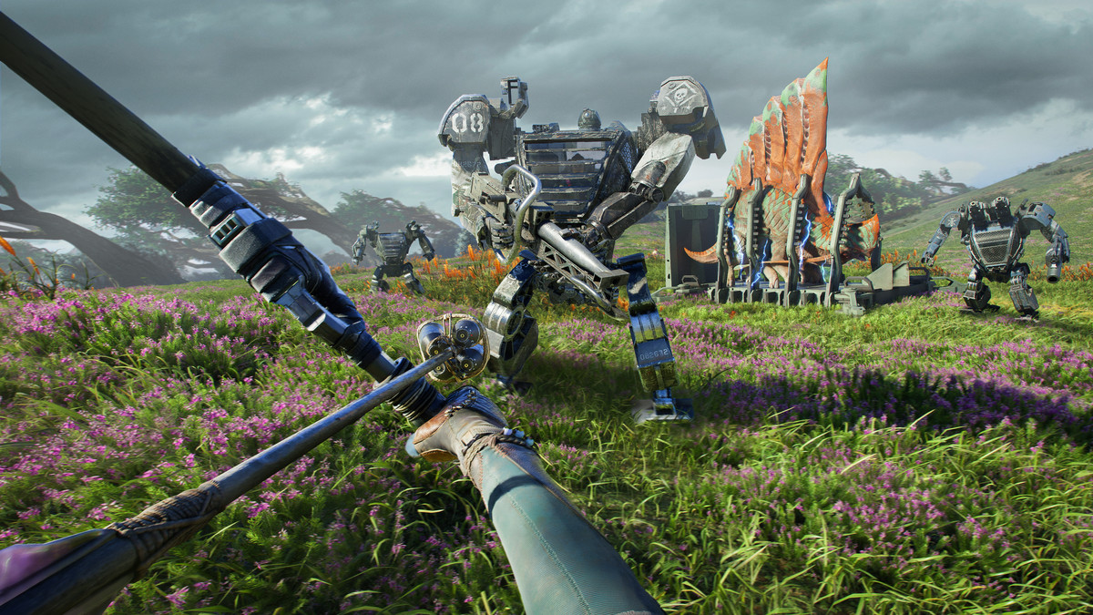 Spelaren drar en båge när han står inför en RDA-mech-dräkt i Avatar: Frontiers of Pandora