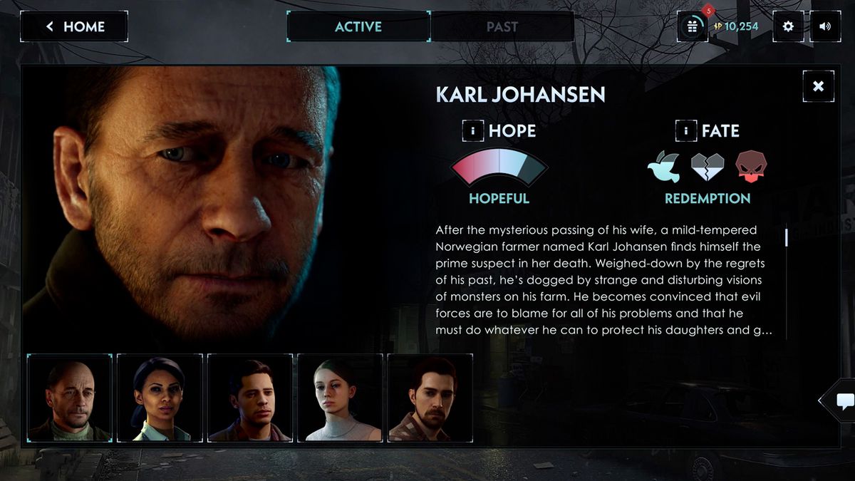 En meny från Silent Hill: Ascension som visar hoppnivåerna för Karl Johansen och statusen för hans öde baserat på tittarens input