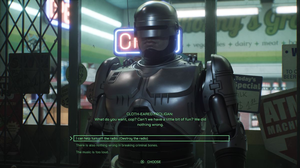 RoboCop pratar med ett par huliganer utanför en närbutik i RoboCop: Rogue City