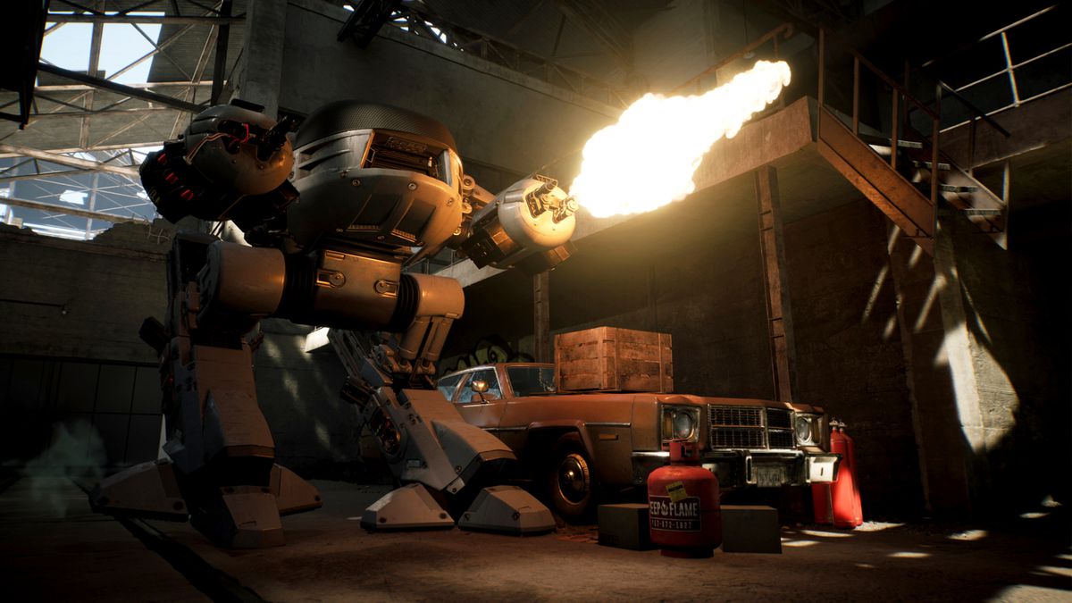 En ED-209 avfyrar kulor i en lagerscen från RoboCop: Rogue City