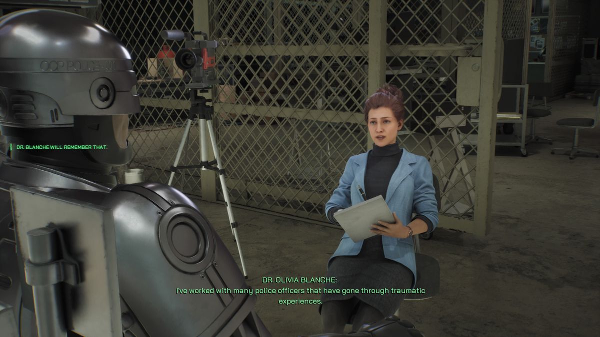 Dr Olivia Blanche förhör RoboCop under en utvärderingssession på Detroit PD i RoboCop: Rogue City