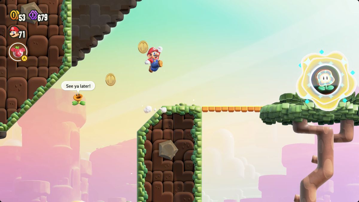 Super Mario Bros. Wonder Pipe-Rock Plateau Special Bounce, Bounce, Bounce skärmdump som visar Wonder Flower-platsen.