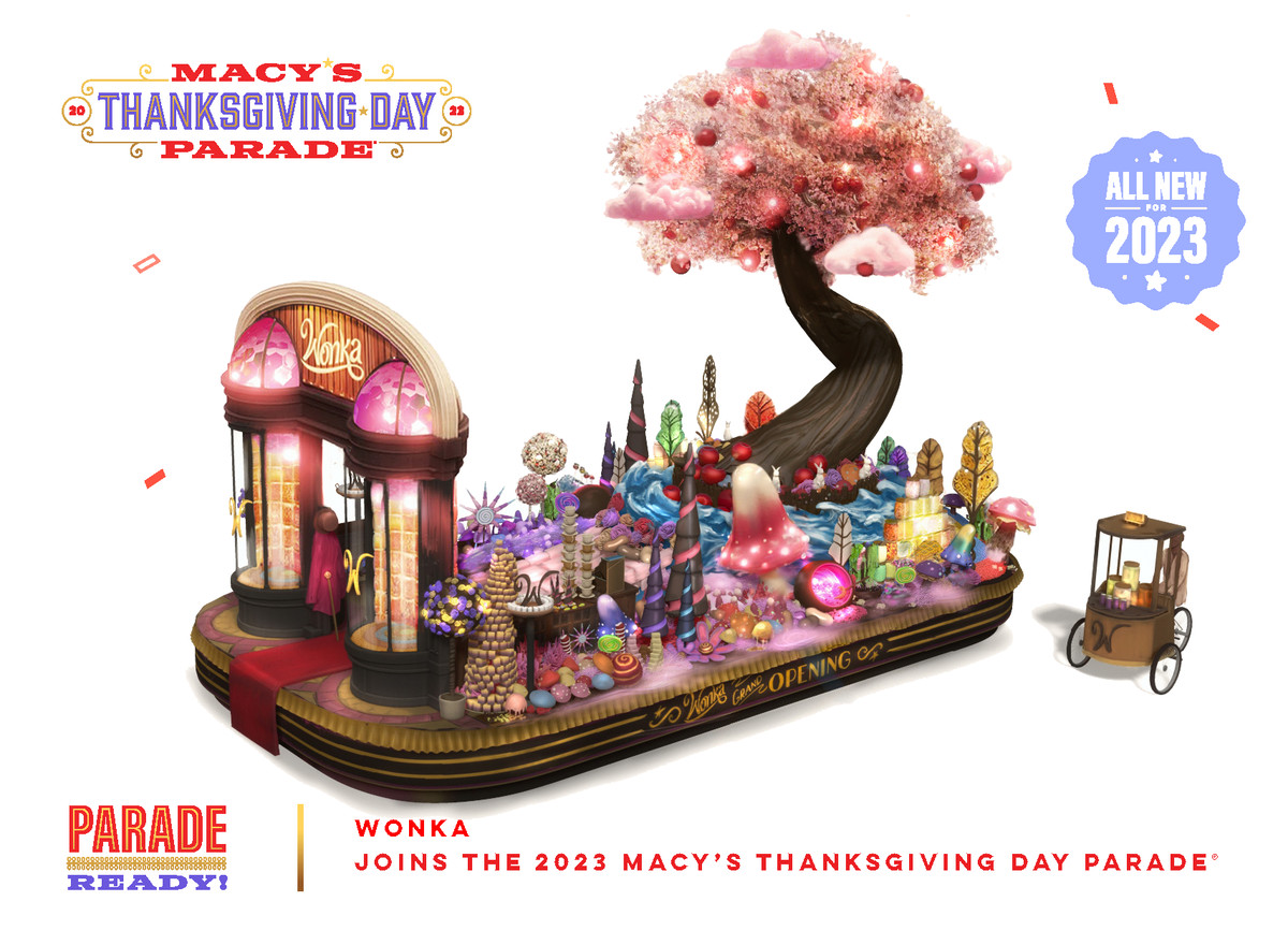 Wonka-flottan för Macy's Thanksgiving Day Parade, som inkluderar ett falskt chokladkörsbärsträd. 