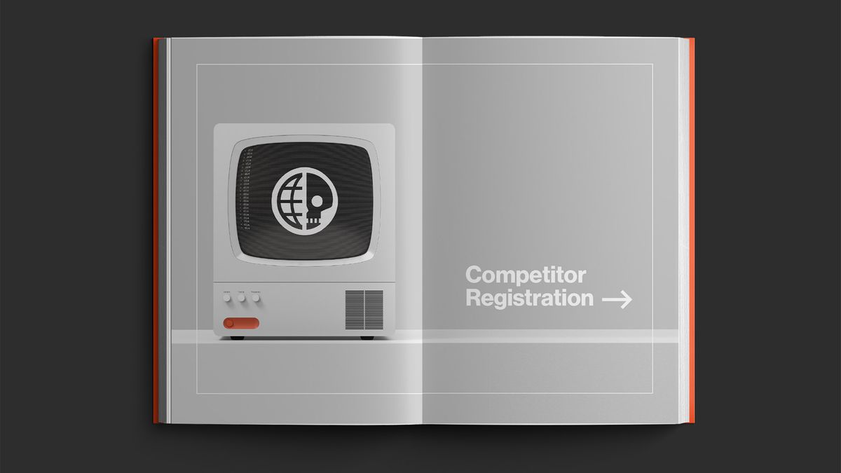 Ett prov som sprids från Deathmatch Islands kärnregelbok listade konkurrentregistrering.  Den visar en vit analog TV-apparat med Deathmatch Island-logotypen - en sfär med halv jordglob, halv skalle.