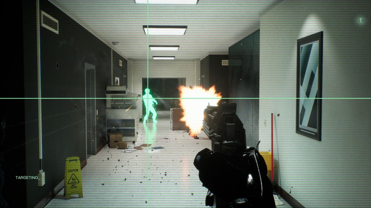 RoboCop riktar automatiskt in sig på en fiende i en kontorshall i en skärmdump från RoboCop: Rogue City