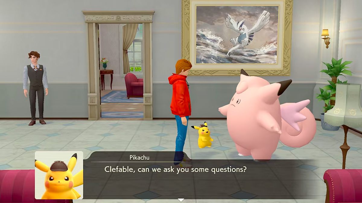 Tim Goodman och Pikachu intervjuar Clefable i en herrgårdsfoajé i en detektiv Pikachu Returns