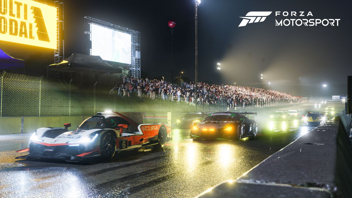 Uthållighetsracingbilar, lampor på, tävla nerför en blöt raksträcka på natten i Forza Motorsport