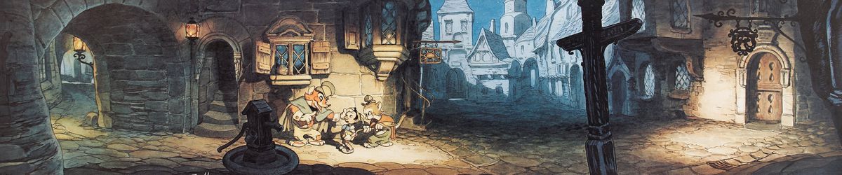 En lång, smal konceptteckning för Pinocchio från 1940-talet, med Pinocchio som konfronterar katten och räven i ett litet markerat område i en mörk, mycket detaljerad by, med byggnader som sträcker sig bort på vardera sidan