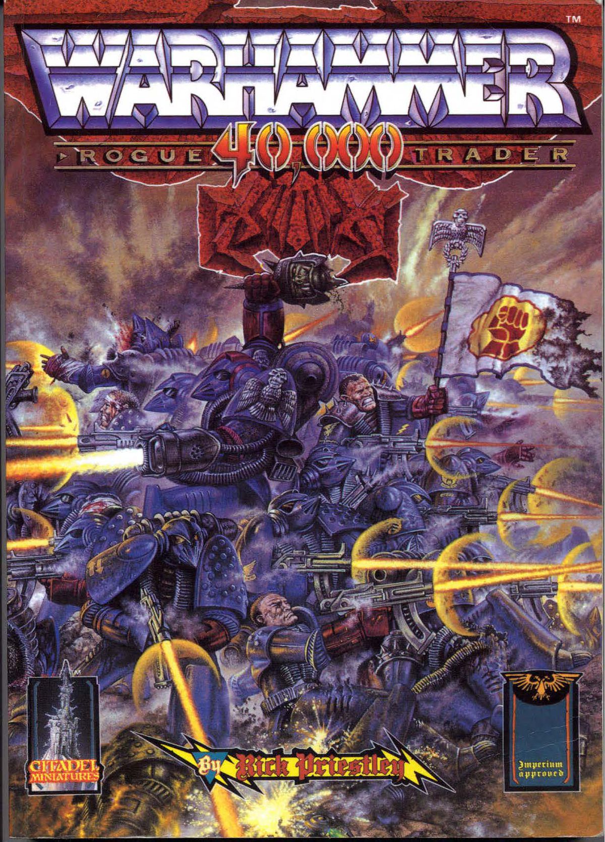 Omslag till den ursprungliga Warhammer 40 000 regelboken, utgiven 1987. Dess formella titel är Rogue Trader: Warhammer 40 000.