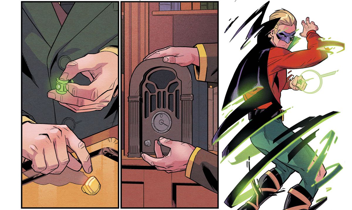 Alan Scott lägger ner en guldring på ett skrivbord, plockar upp sin Green Lantern-ring och hans superhjältedräkt virvlar runt honom i Alan Scott: The Green Lantern #1. 