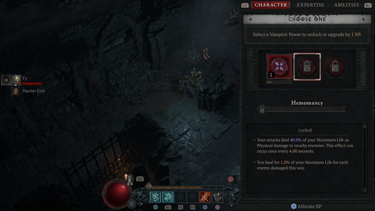A menu shows a Pact in Diablo 4 season 2 Vampiric Powers.