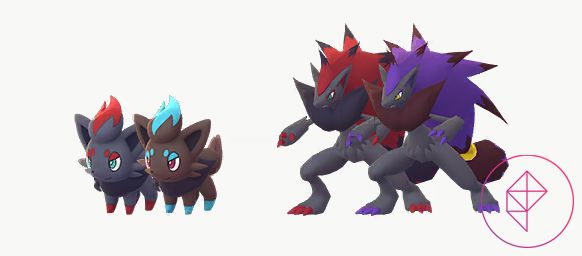 Shiny Zorua och Zoroark i Pokémon Go.  Blanka Zorua blir brun med ljusblå accenter och Zoroark får lila päls istället för röd.