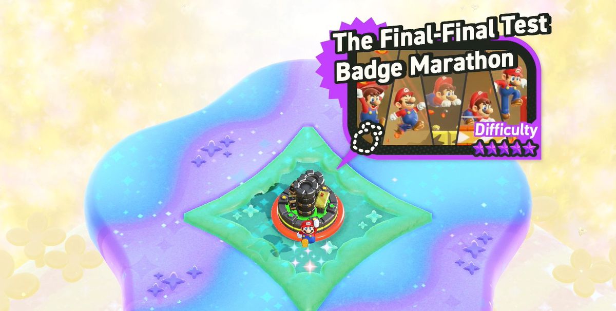 Mario står framför Final Final Test Badge Marathon-nivån i Super Mario Bros Wonder.