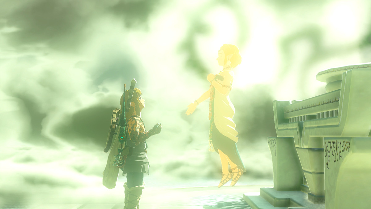 Link tittar upp på Zelda, som svävar över marken, upplyst i mystiskt ljus