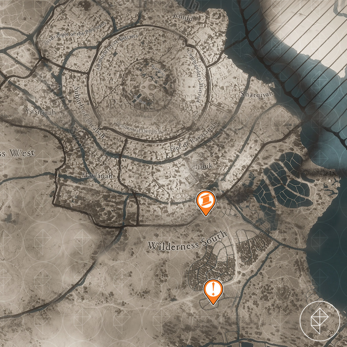 Assassin's Creed Mirage-karta med Joy Beneath Weeping Palms Enigma och skatt markerad