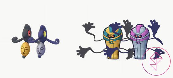 Shiny Yamask och Cofagrigus med sina vanliga former i Pokémon Go.  Båda blanka formerna blir silver från guld.