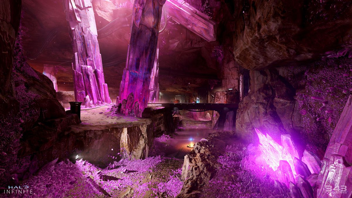 Lila kristaller skisserar grottor i nyckelkonst för Prism, en Halo Infinite säsong 5-karta.