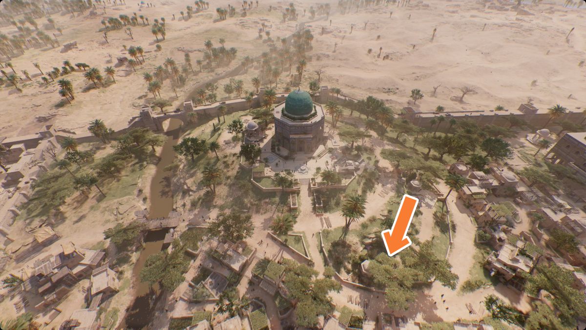 Assassin's Creed Mirage-bild över huvudet som visar platsen för Delight by the Dome-skatten