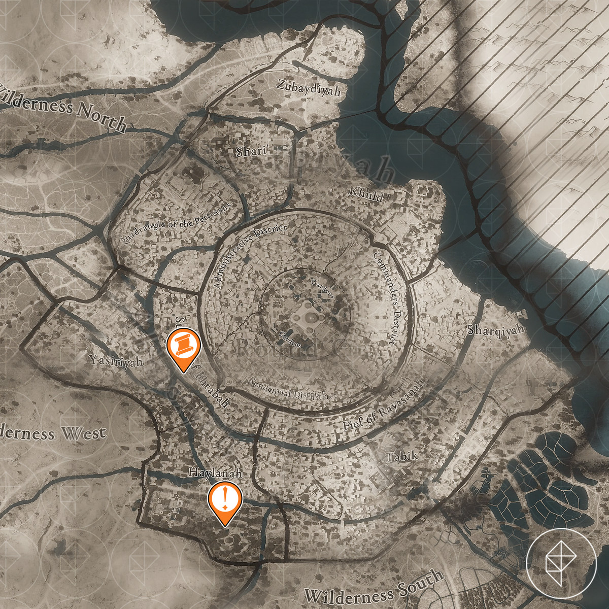 Assassin's Creed Mirage-karta med Delight by the Dome Enigma och skatt markerad