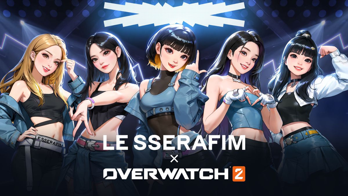 En illustration av den femkvinnliga K-popgruppen Le Sserafim poserar som en del av Blizzards Overwatch 2-samarbete