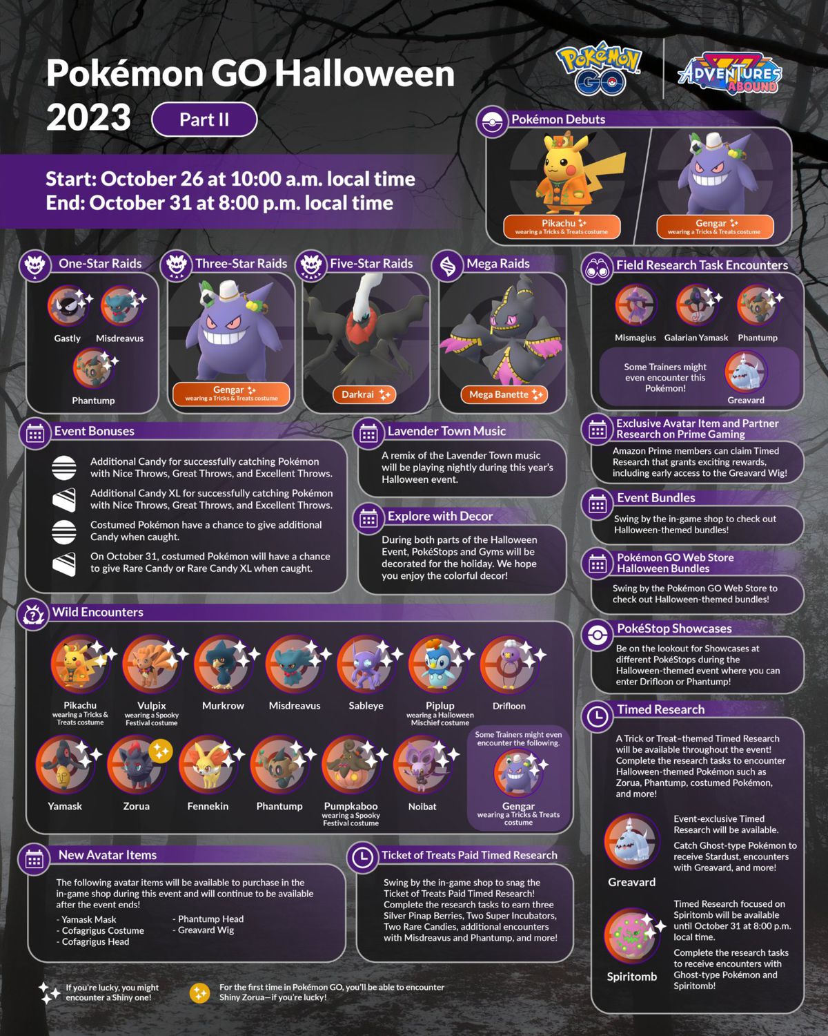 En enorm infografik för Pokémon Gos Halloween-evenemang, med detaljer om spawns, debuter och andra bonusar.