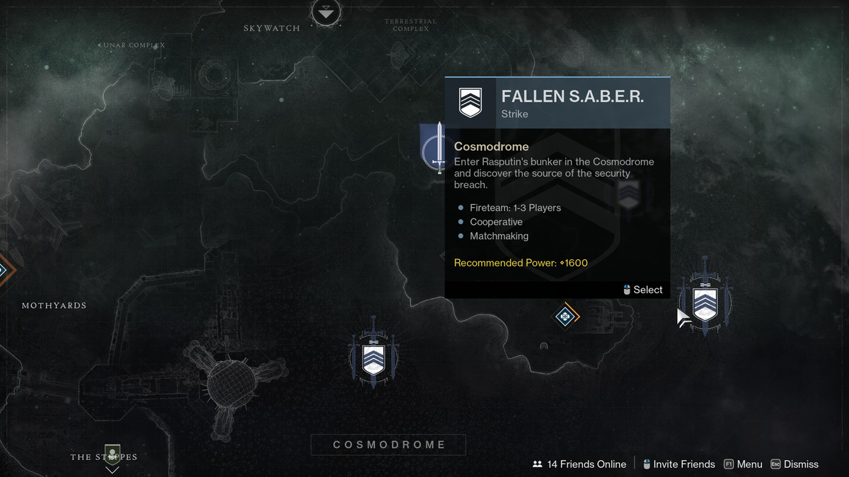 En karta som visar Fallen SABER Strike in Destiny 2