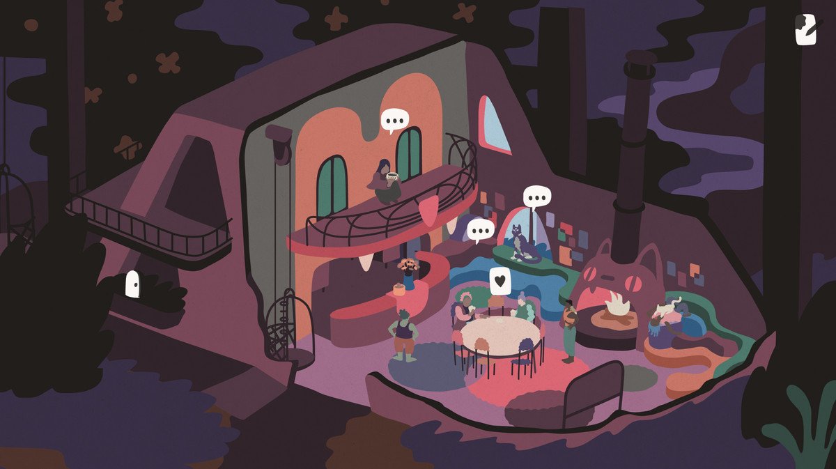 A colorful interior from Saltsea Chronicles, in which the fireplace looks like a cute cat’s head.
