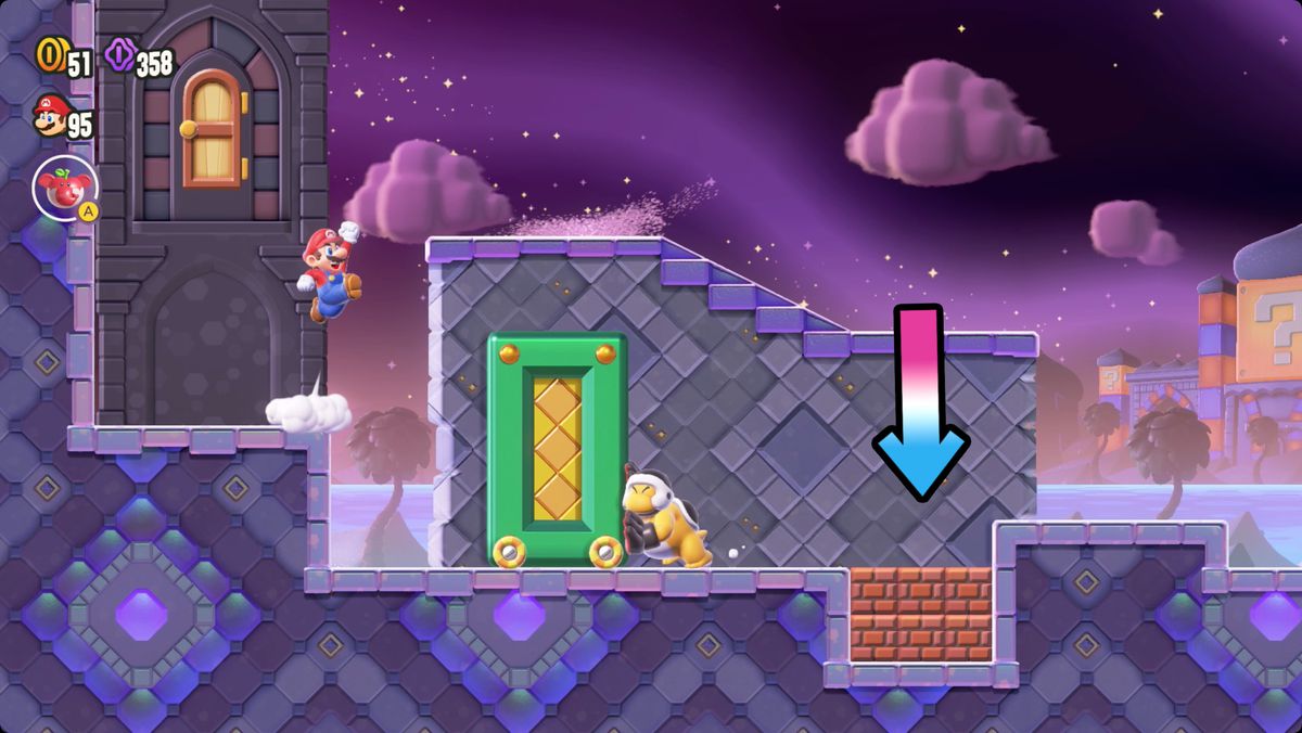 Super Mario Bros. Wonder Secrets of Shova Mansion skärmdump som visar vägen till ett Wonder Seed.