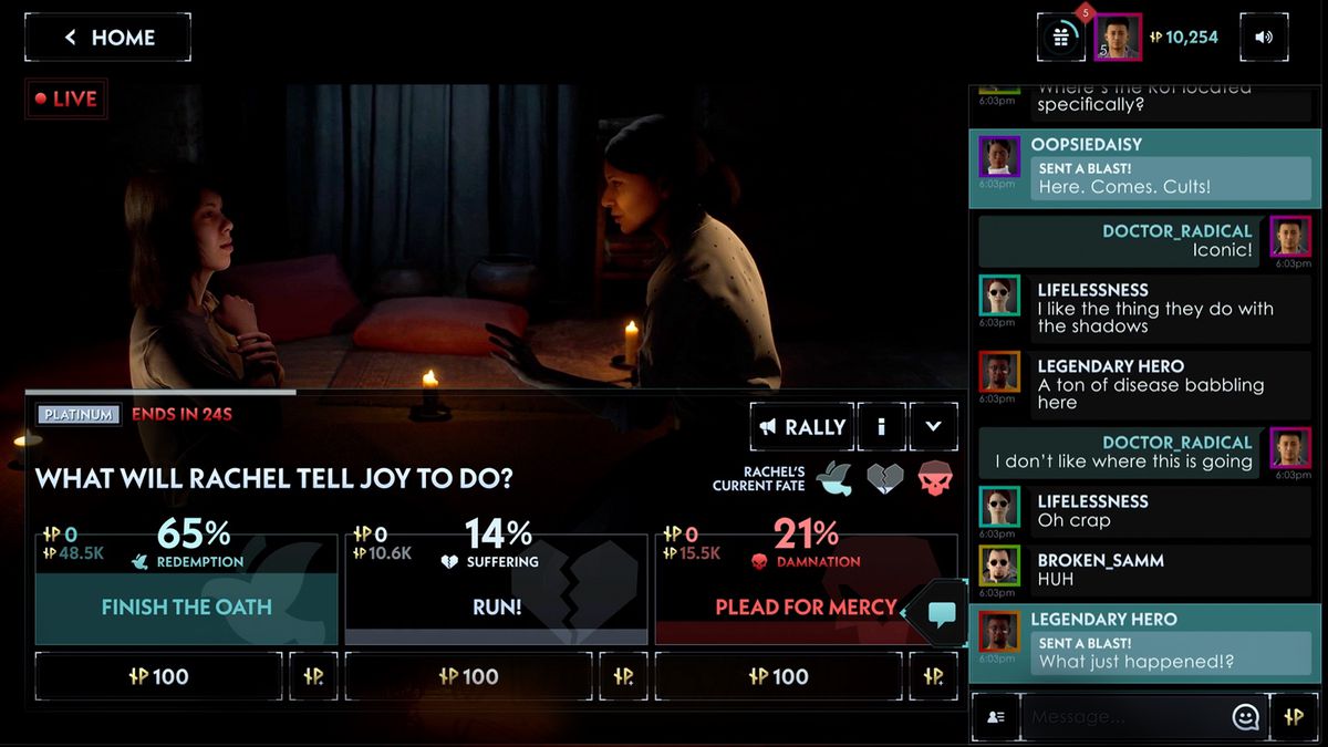 En interaktiv scen från Silent Hill: Ascension som visar Rachel och Joy interagera och tittare som röstar i realtid på 