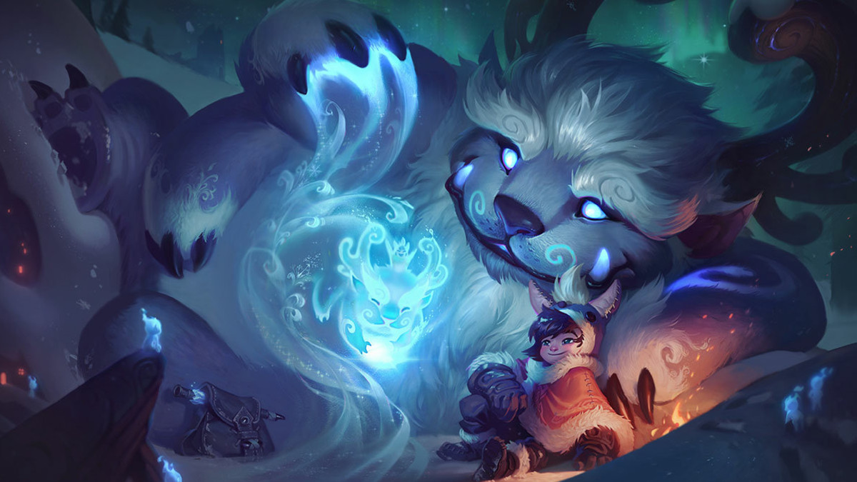 Nunu och Willump stänker konst från League of Legends, föreställande den lilla pojken i vinterkläder som gosar med en bedårande fyrarmad yeti