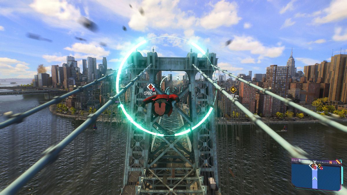 Miles Morales använder vindtunnlar för att glida över Williamsburg Bridge i Marvels Spider-Man 2