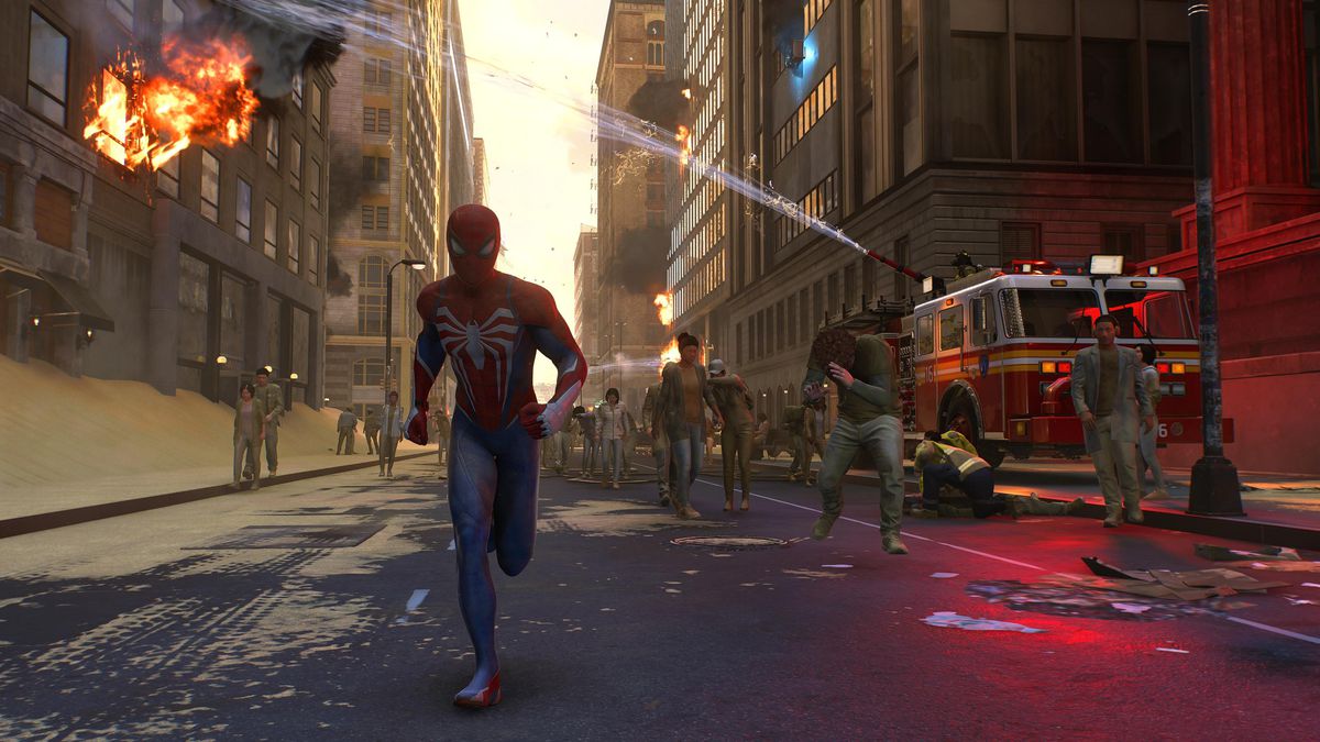 Spider-Man springer förbi en brandbil i Spider-Man 2.