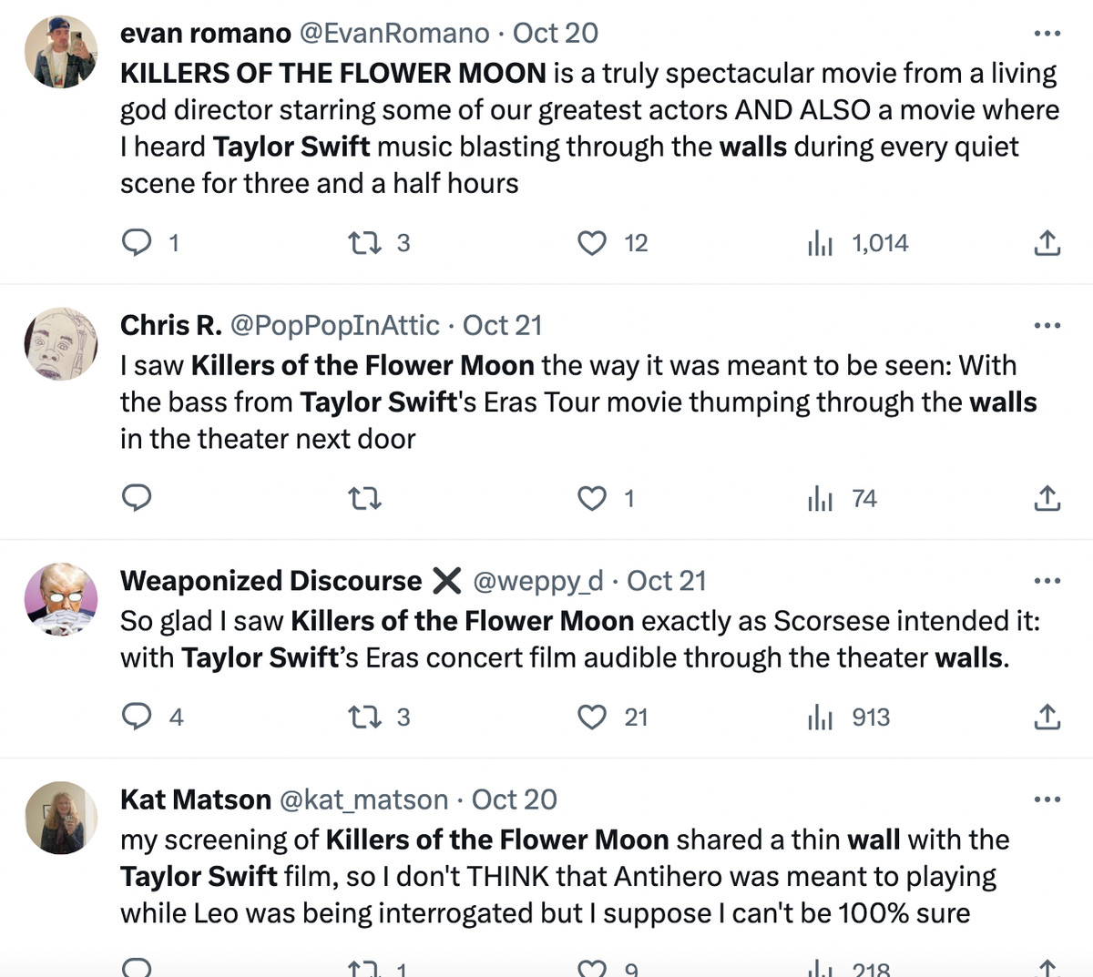 En Twitter-skärmdump av fyra olika inlägg från personer som klagar eller skämtar om ljudläckaget från Taylor Swifts film som ett soundtrack till deras Killers of the Flower Moon-visning