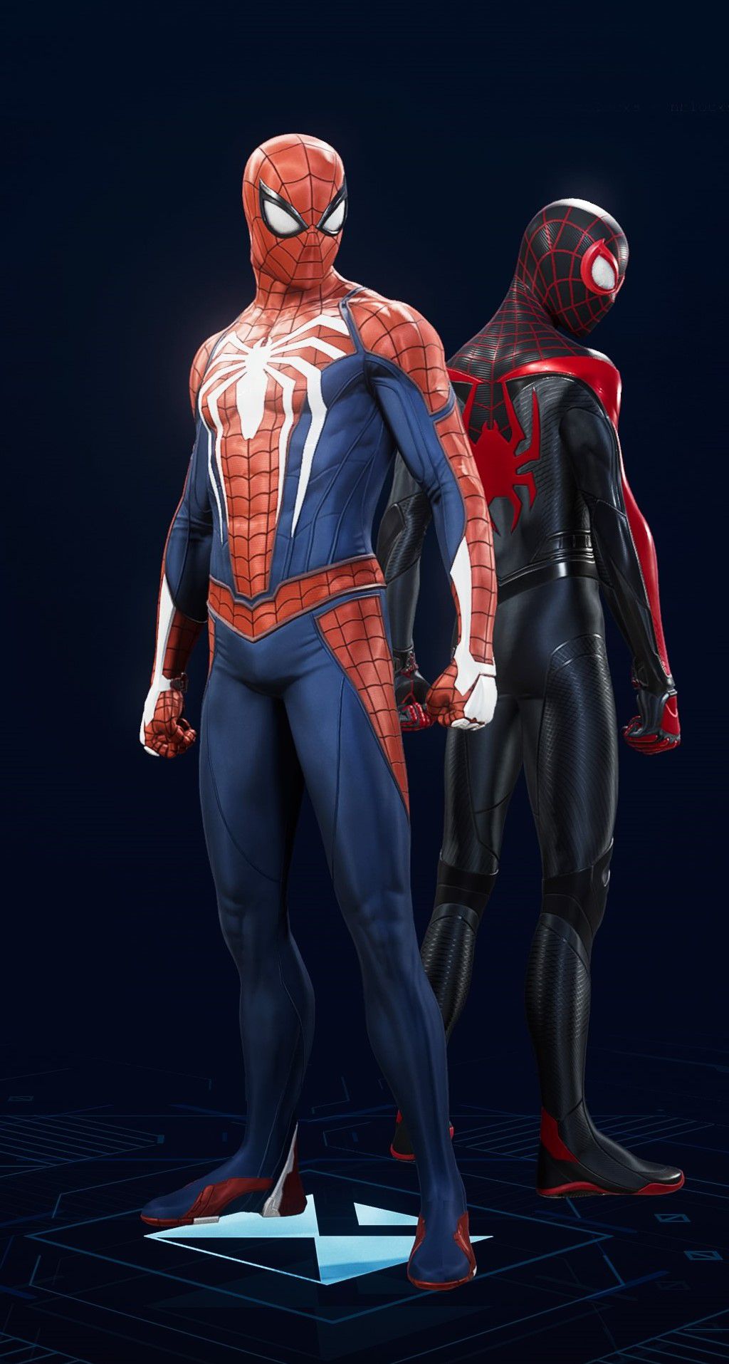 Peter Parker stands in his Advanced Suit in the suit selection screen of Spider-Man 2.