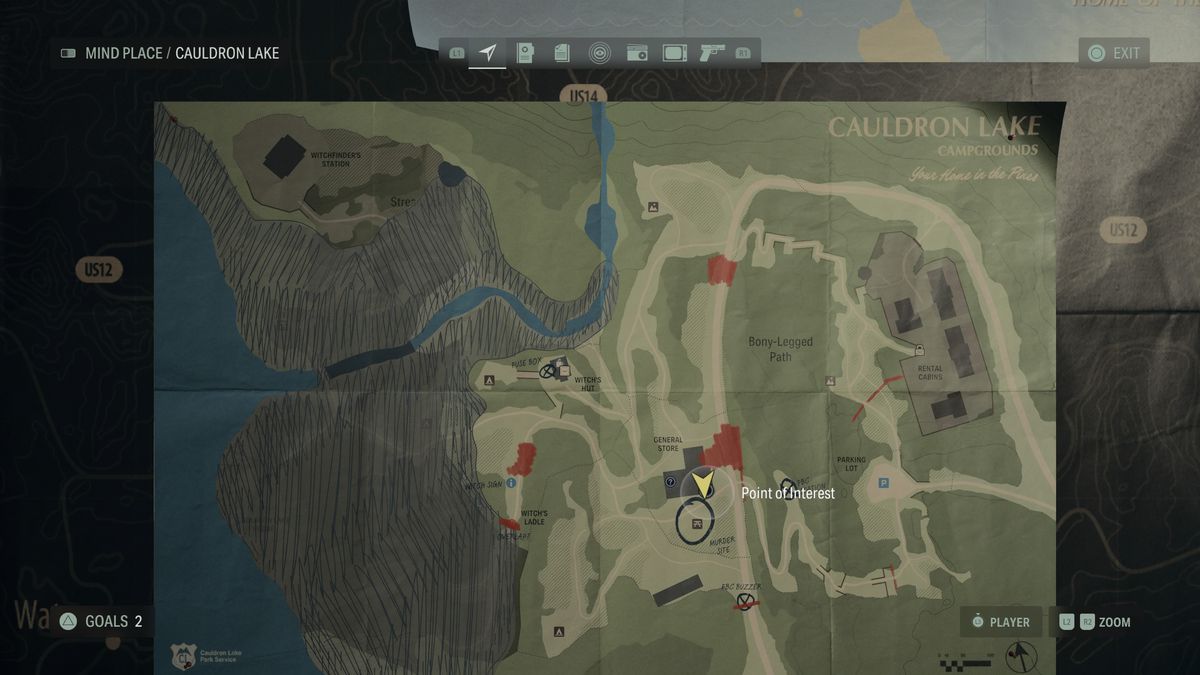 En karta över Cauldron Lake visar spelaren som står i lanthandeln i Alan Wake 2